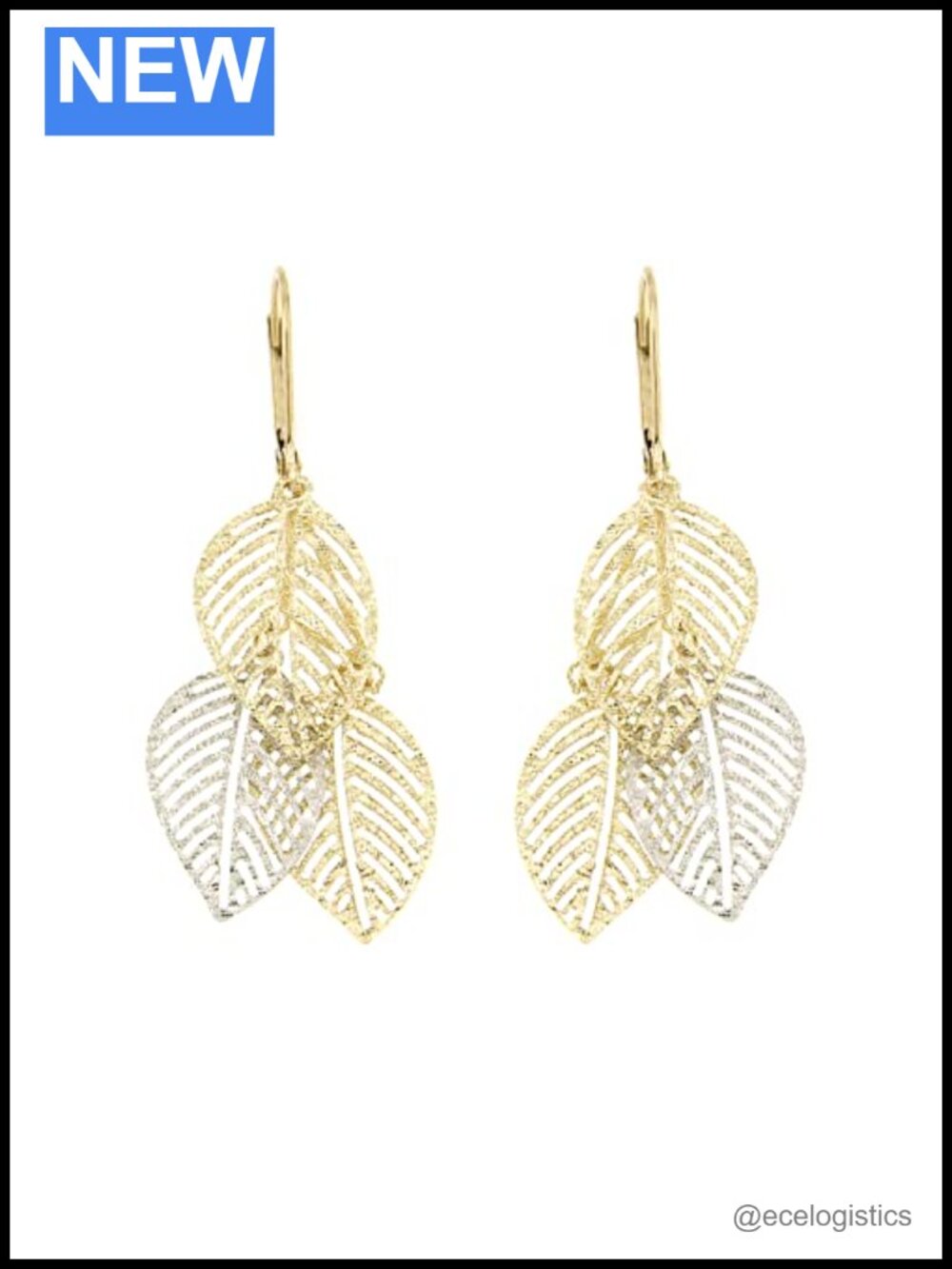 14K White & Yellow Gold Leaf Dangle Drop Earrings Italian Fine Gold
